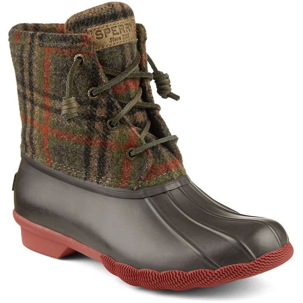 Sperry Waterproof Saltwater Duck Boots Brown Flannel Plaid Ankle Hiker